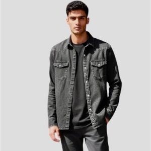 Wrangler Mens faded black denim modern Western retro classic button upshirt sz L